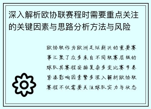 深入解析欧协联赛程时需要重点关注的关键因素与思路分析方法与风险 深入解析欧协联赛程时需要重点关注的关键因素与思路分析方法与风险