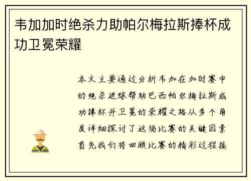韦加加时绝杀力助帕尔梅拉斯捧杯成功卫冕荣耀